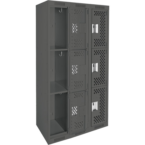 Clean Line Lockers, 3 -tier, Bank of 3, 36" x 12" x 72", Steel, Charcoal, Rivet (Assembled), Perforated Fastek