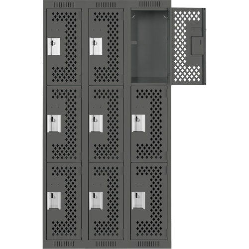 Clean Line Lockers, 3 -tier, Bank of 3, 36" x 12" x 72", Steel, Charcoal, Rivet (Assembled), Perforated Fastek