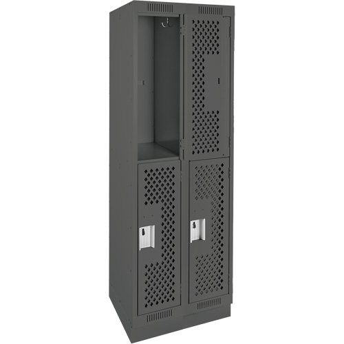 Clean Line Lockers, 2 -tier, Bank of 2, 24" x 15" x 76", Steel, Charcoal, Rivet (Assembled), Perforated Fastek