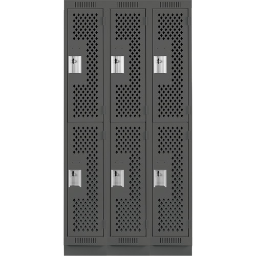 Clean Line Lockers, 2 -tier, Bank of 3, 36" x 15" x 76", Steel, Charcoal, Rivet (Assembled), Perforated Fastek
