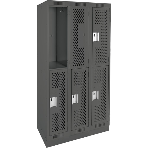 Clean Line Lockers, 2 -tier, Bank of 3, 36" x 15" x 76", Steel, Charcoal, Rivet (Assembled), Perforated Fastek