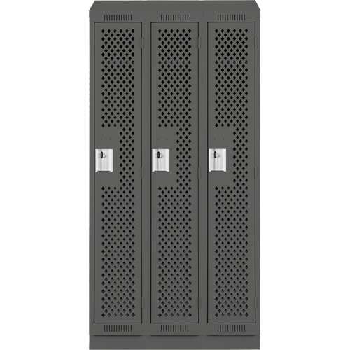 Clean Line Lockers, Bank of 3, 36" x 12" x 82", Steel, Charcoal, Rivet (Assembled), Perforated Fastek