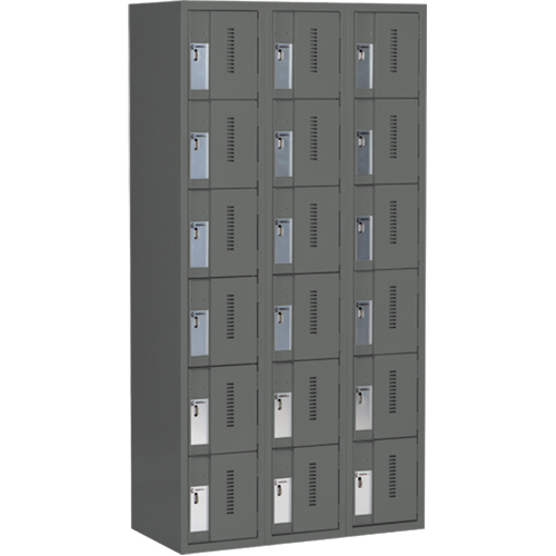 Concorde Heavy-Duty Lockers, 6 -tier, Bank of 3, 36" x 18" x 72", Steel, Charcoal, Welded (Assembled) Fastek