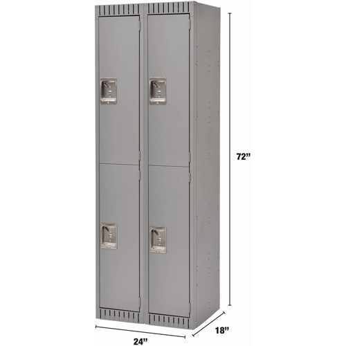 Lockers, 2 -tier, Bank of 2, 24" x 18" x 72", Steel, Grey, Knocked Down Fastek