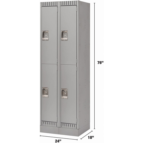 Lockers, 2 -tier, Bank of 2, 24" x 18" x 76", Steel, Grey, Knocked Down Fastek