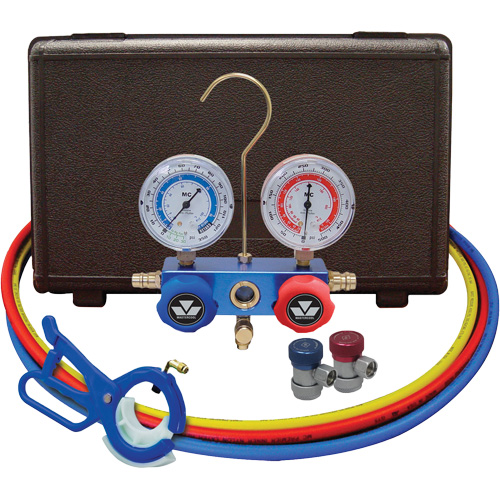 Automotive Manifold Gauge Set with Manual Couplers & 3-in-1 Side Mount Can Tap Valve Fastek
