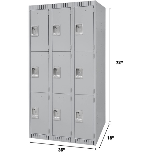 Lockers, 3 -tier, Bank of 3, 36" x 18" x 72", Steel, Grey, Knocked Down Fastek