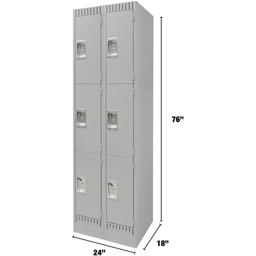 Lockers, 3 -tier, Bank of 2, 24" x 18" x 76", Steel, Grey, Knocked Down Fastek