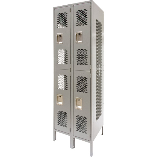 Vented Lockers, 2 -tier, Bank of 2, 24" x 18" x 78", Steel, Grey, Knocked Down, Perforated Fastek