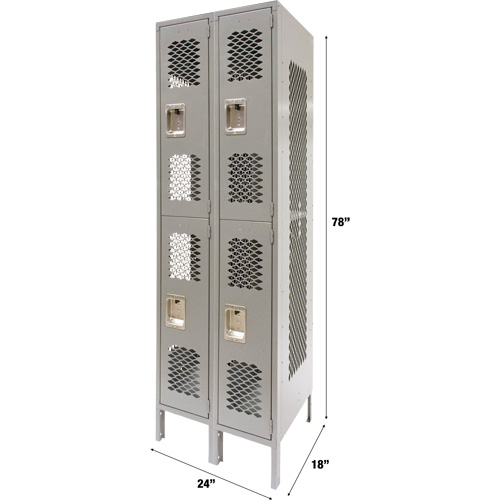Vented Lockers, 2 -tier, Bank of 2, 24" x 18" x 78", Steel, Grey, Knocked Down, Perforated Fastek