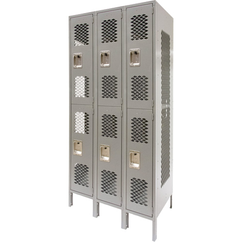 Vented Lockers, 2 -tier, Bank of 3, 36" x 18" x 78", Steel, Grey, Knocked Down, Perforated Fastek