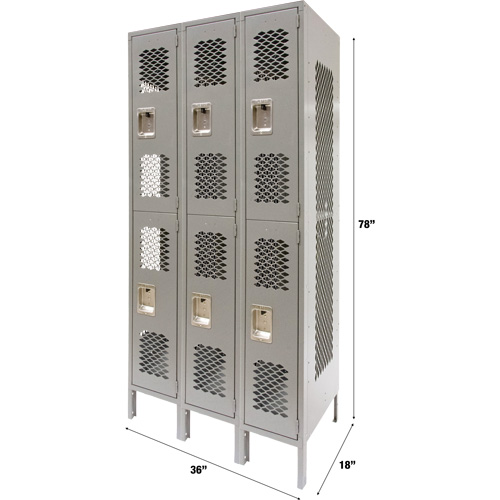 Vented Lockers, 2 -tier, Bank of 3, 36" x 18" x 78", Steel, Grey, Knocked Down, Perforated Fastek