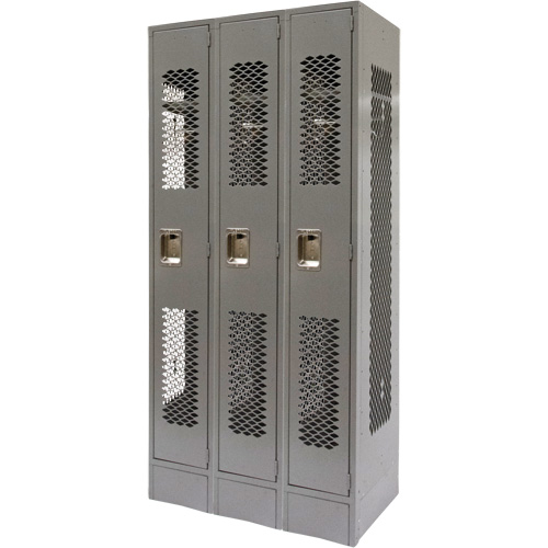 Vented Lockers, Bank of 3, 36 x 18" x 78", Steel, Grey, Knocked Down, Perforated Fastek