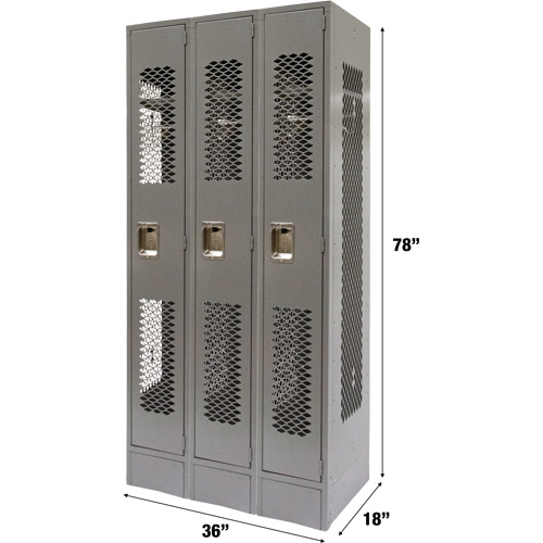 Vented Lockers, Bank of 3, 36 x 18" x 78", Steel, Grey, Knocked Down, Perforated Fastek