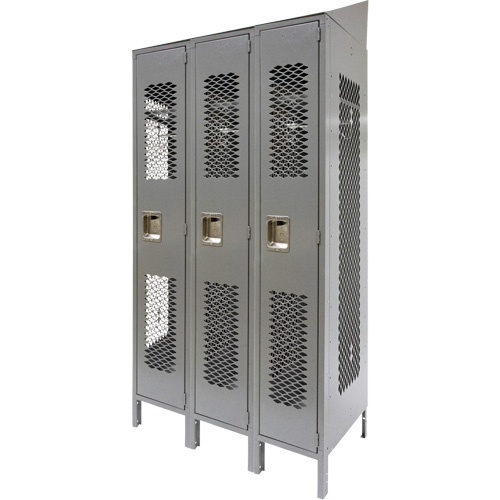 Vented Lockers, Bank of 3, 36 x 18" x 88", Steel, Grey, Knocked Down, Perforated Fastek