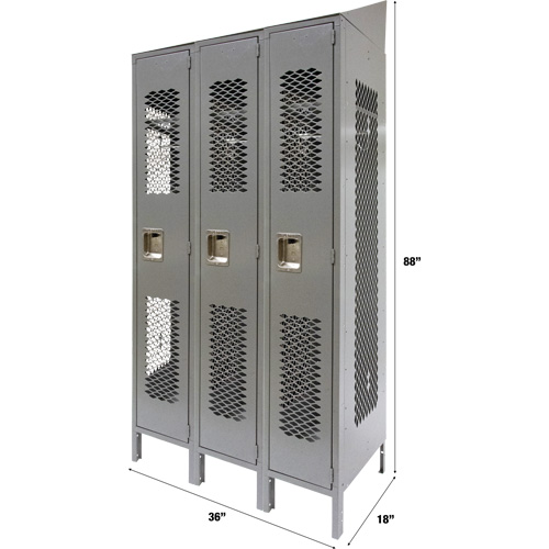Vented Lockers, Bank of 3, 36 x 18" x 88", Steel, Grey, Knocked Down, Perforated Fastek