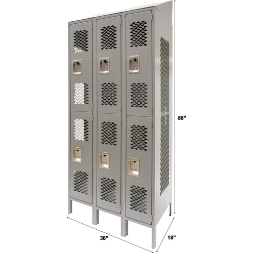 Vented Lockers, 2 -tier, Bank of 3, 36 x 18" x 88", Steel, Grey, Knocked Down, Perforated Fastek
