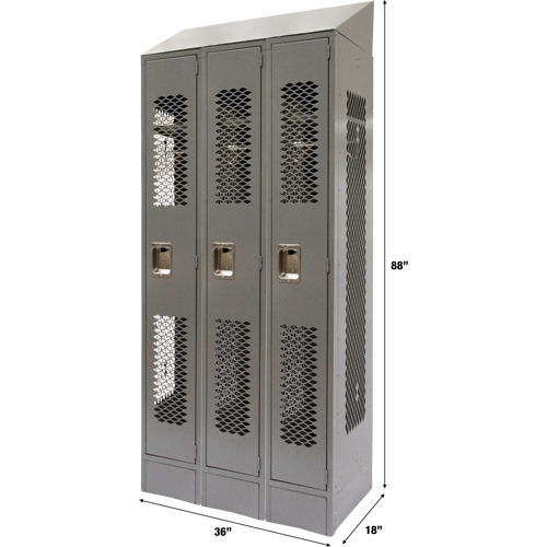 Vented Lockers, Bank of 3, 36 x 18" x 88", Steel, Grey, Knocked Down, Perforated Fastek