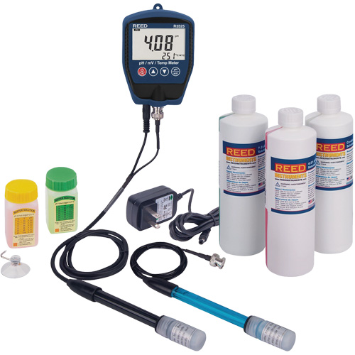 R3525 pH/mV Meter with ORP Electrode, pH/Conductivity Solutions & Power Adapter Kit Fastek