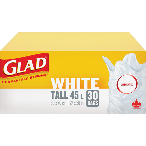 Tall 45L Unscented Garbage Bags, Regular, 24" W x 28" L, White Fastek