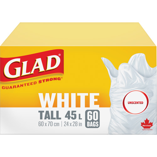 Tall 45L Unscented Garbage Bags, Regular, 24" W x 28" L, White Fastek