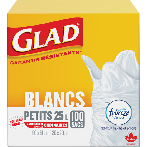 Petits sacs &agrave; ordures 25 L avec Febreze, R&eacute;gulier, 20" la x 20" lo, Blanc Fastek