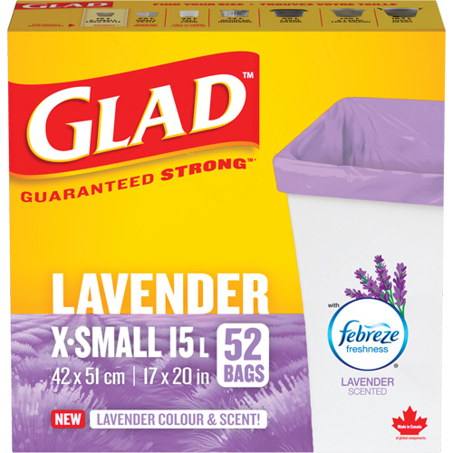 Glad&reg; Lavender Coloured & Scented Bags, Strong, 17" W x 20" L, Purple, 15 L (3.96 Gal.) Capacity Fastek