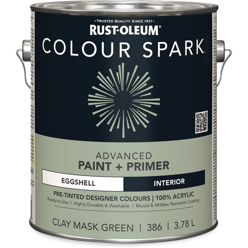 Peinture int&eacute;rieure pr&eacute;teint&eacute;e + appr&ecirc;t mural Colour Spark, Vert masque en argile, Satin&eacute;, 3,78 L, Gallon Fastek