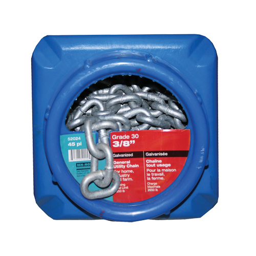 Hot-Dipped Galvanized Chains, Carbon Steel, 3/8" x 45' (13.7 m) L, Grade 30, 2650 lbs. (1.325 tons) Load Capacity Fastek