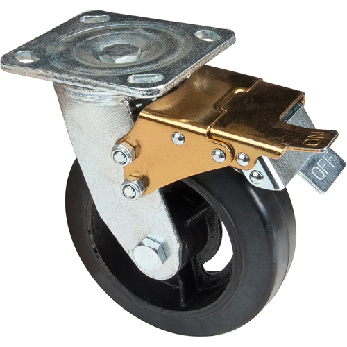 Mold-on Caster, Swivel with Brake, 6" (152.4 mm), Rubber, 550 lbs. (249 kg.) Fastek