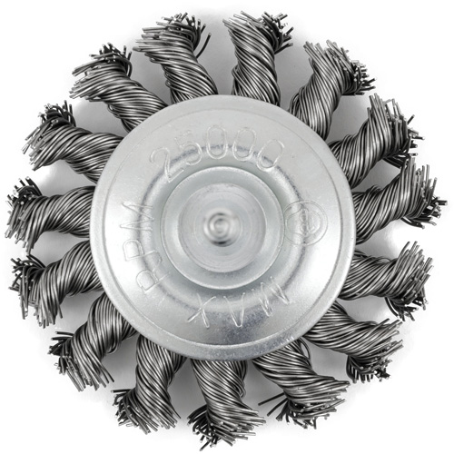 Shaft Mounted Knot Twisted Radial Brush, 3" Dia., 0.02" Fill, 1/4" Arbor, Stainless Steel Fastek
