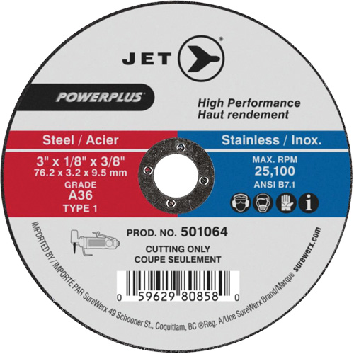 POWERPLUS Cut-Off Wheel, 3" x 1/8", 3/8" Arbor, Type 1, 25100 RPM Fastek