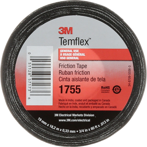 Temflex Cotton Friction Tape 1755, 19 mm (3/4") x 18.28 m (60'), Black Fastek