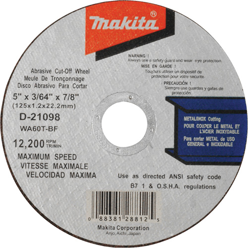 Thin Kerf Cut-Off Wheel, 5" x 3/64", 7/8" Arbor, Type 1, Aluminum Oxide, 12200 RPM Fastek