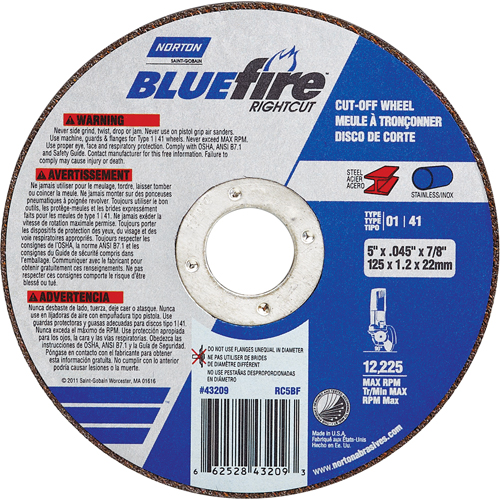 BlueFire&reg; Cut-off Wheel, 4-1/2" x 0.045"/1/16", 7/8" Arbor, Type 01/41, Aluminum Oxide/Zirconium, 13580 RPM Fastek