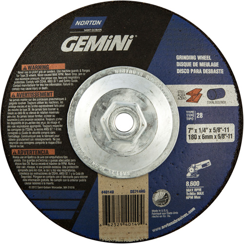 Gemini&reg; Saucer Wheel, 7" x 1/4", 5/8"-11 Arbor, Aluminum Oxide, Type 28 Fastek