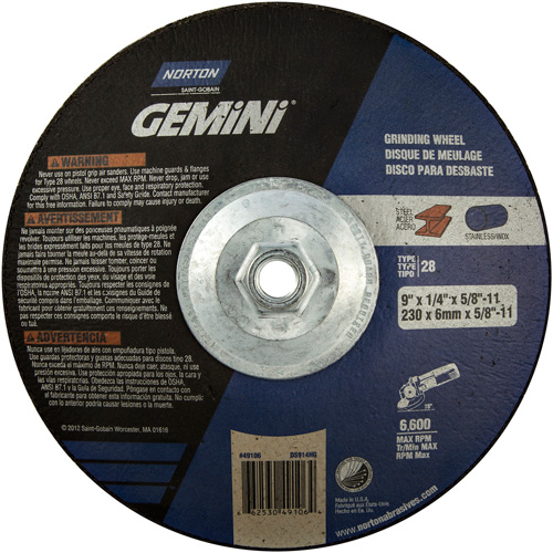 Gemini&reg; Saucer Wheel, 9" x 1/4", 5/8"-11 Arbor, Aluminum Oxide, Type 28 Fastek