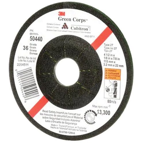 Green Corps Flexible Grinding Wheel, 4-1/2" x 1/8", 7/8" Arbor, Ceramic, Type 27 Fastek
