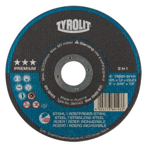 Premium 2 In 1 Thincut Cut-Off Wheel, 5" x 0.045", 7/8" Arbor, Type 1, Aluminum Oxide, 12250 RPM Fastek