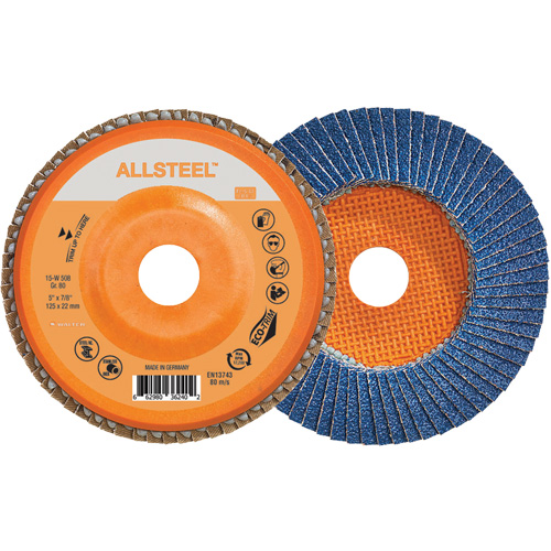 AllSteel Flap Disc, 5" x 7/8", Type 27, 80 Grit, Zirconia Alumina Fastek