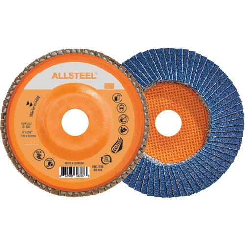 AllSteel Flap Disc, 5" x 7/8", Type 27, 120 Grit, Zirconia Alumina Fastek