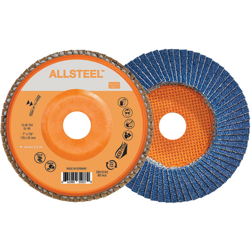 AllSteel Flap Disc, 7" x 7/8", Type 27, 40 Grit, Zirconia Alumina Fastek