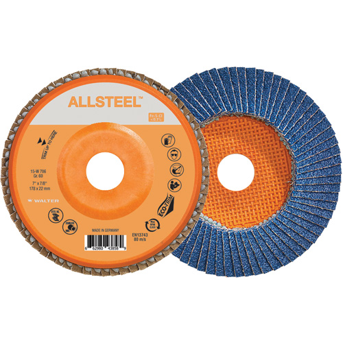 AllSteel Flap Disc, 7" x 7/8", Type 27, 60 Grit, Zirconia Alumina Fastek
