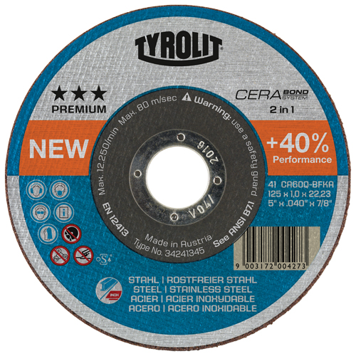 Cerabond Cutting Disc, 5" x 0.045", 7/8" Arbor, Type 1, Ceramic, 12250 RPM Fastek