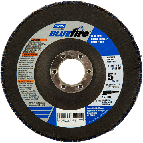BlueFire Flap Disc, 5" x 7/8", Type 29, 36 Grit, Zirconia Alumina Fastek