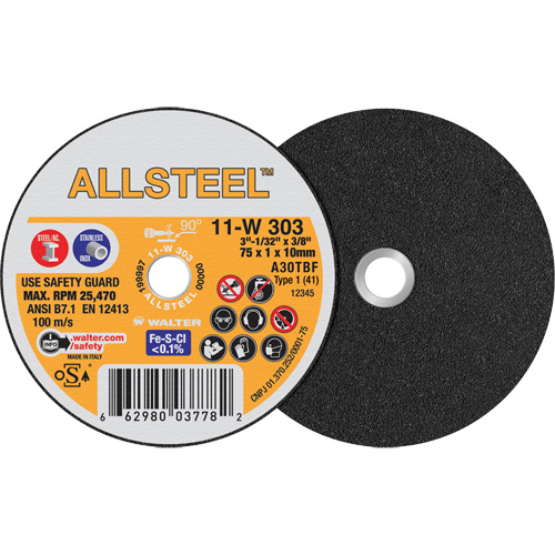 AllSteel Mini Cut-Off Wheel, 3" x 1/32", 3/8" Arbor, Type 1, Aluminum Oxide, 25470 RPM Fastek