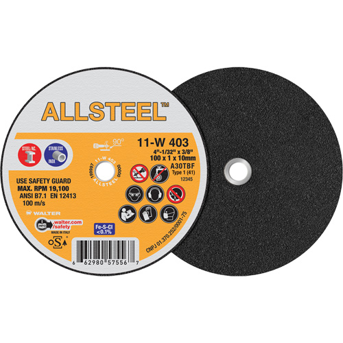 AllSteel Mini Cut-Off Wheel, 4" x 1/32", 3/8" Arbor, Type 1, Aluminum Oxide, 19100 RPM Fastek