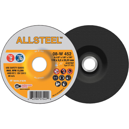 AllSteel Grinding Wheel, 4-1/2" x 1/8", 7/8" Arbor, Aluminum Oxide, Type 27 Fastek