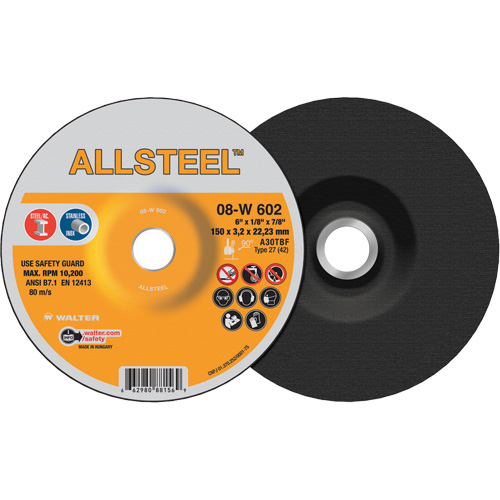 AllSteel Grinding Wheel, 6" x 1/8", 7/8" Arbor, Aluminum Oxide, Type 27 Fastek