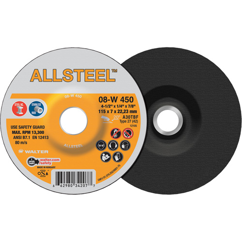 AllSteel Grinding Wheel, 4-1/2" x 1/4", 7/8" Arbor, Aluminum Oxide, Type 27 Fastek